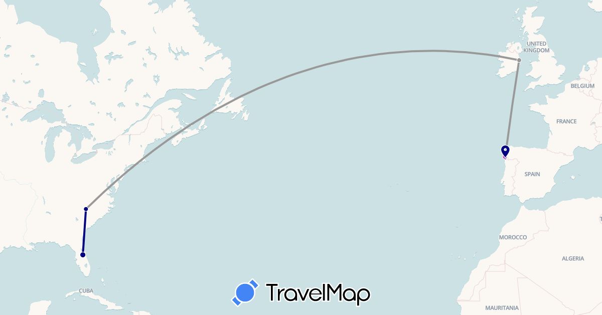 TravelMap itinerary: driving, plane, train in Spain, Ireland, Portugal, United States (Europe, North America)